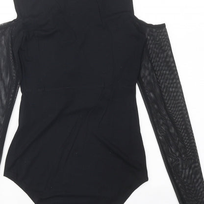 Select Womens Black Floral Viscose Bodysuit One-Piece Size 8 Snap - Cold Shoulder Mesh Sleeve