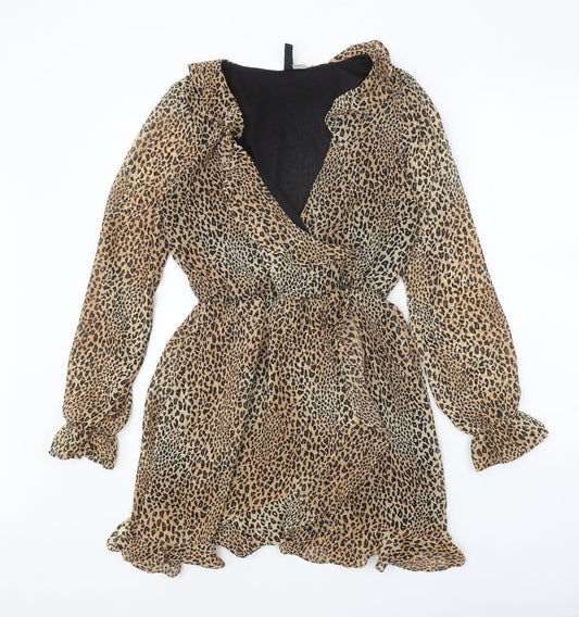 Divided Womens Brown Animal Print Polyester Trapeze & Swing Size 8 V-Neck Pullover - Leopard Pattern