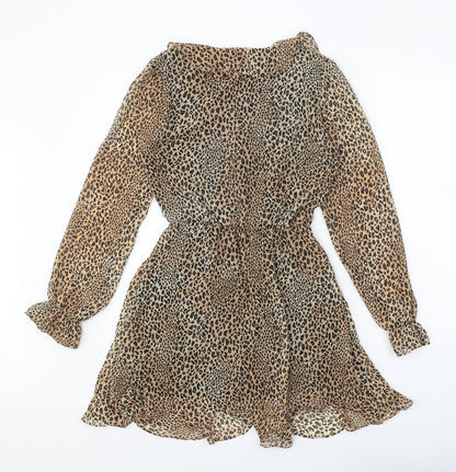 Divided Womens Brown Animal Print Polyester Trapeze & Swing Size 8 V-Neck Pullover - Leopard Pattern