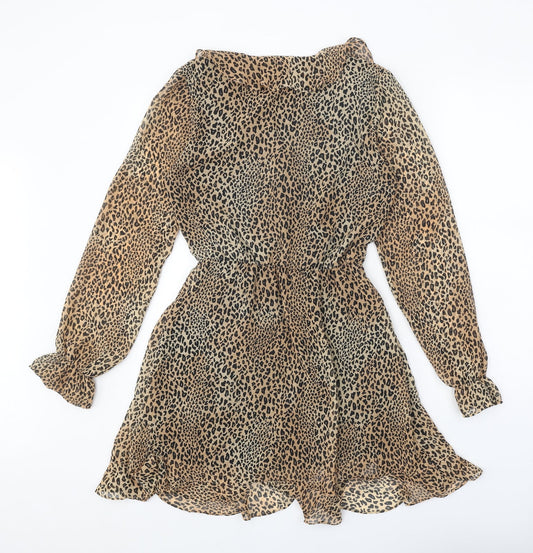 Divided Womens Brown Animal Print Polyester Trapeze & Swing Size 8 V-Neck Pullover - Leopard Pattern