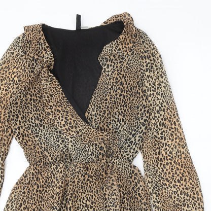 Divided Womens Brown Animal Print Polyester Trapeze & Swing Size 8 V-Neck Pullover - Leopard Pattern