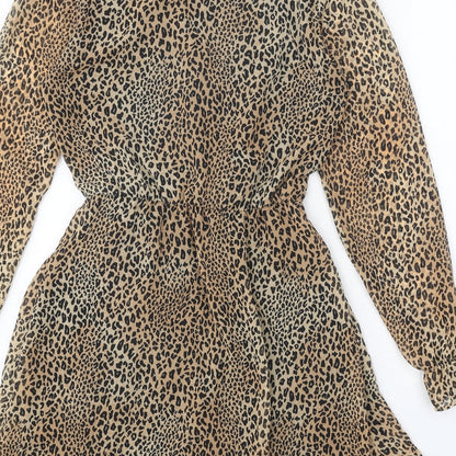 Divided Womens Brown Animal Print Polyester Trapeze & Swing Size 8 V-Neck Pullover - Leopard Pattern