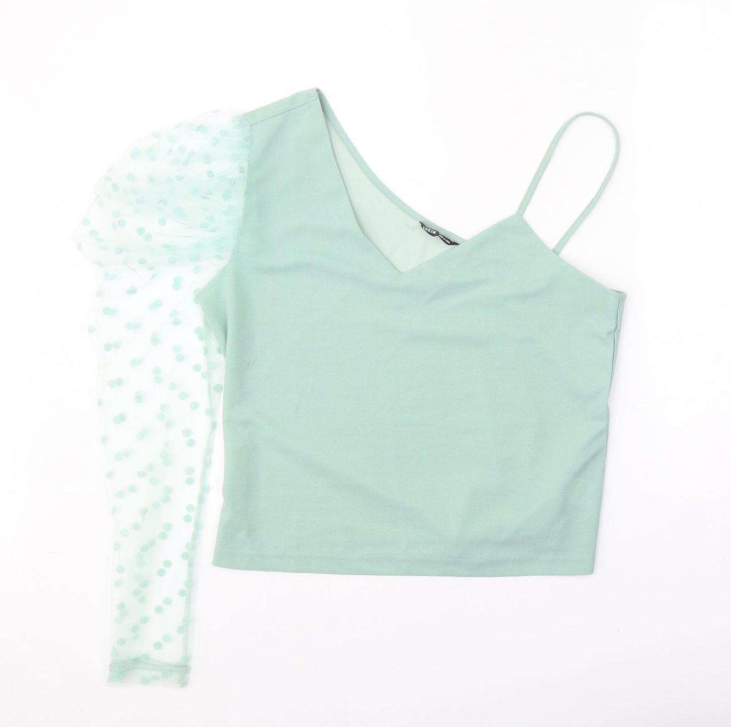 SheIn Womens Green Polka Dot Polyester Cropped Blouse Size XL One Shoulder - Mesh Sleeve