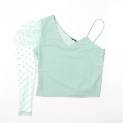 SheIn Womens Green Polka Dot Polyester Cropped Blouse Size XL One Shoulder - Mesh Sleeve