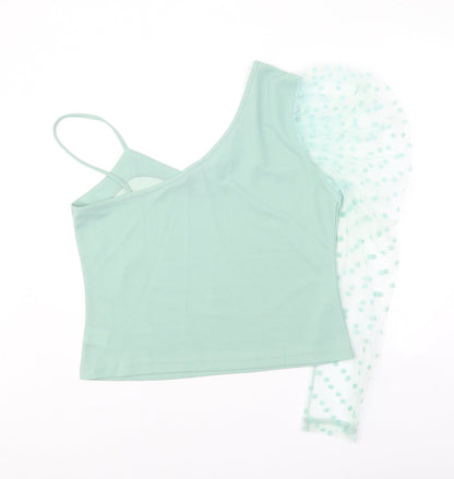 SheIn Womens Green Polka Dot Polyester Cropped Blouse Size XL One Shoulder - Mesh Sleeve