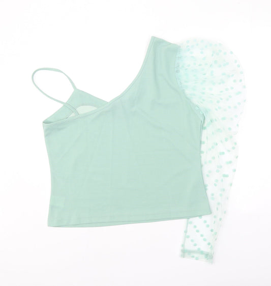 SheIn Womens Green Polka Dot Polyester Cropped Blouse Size XL One Shoulder - Mesh Sleeve