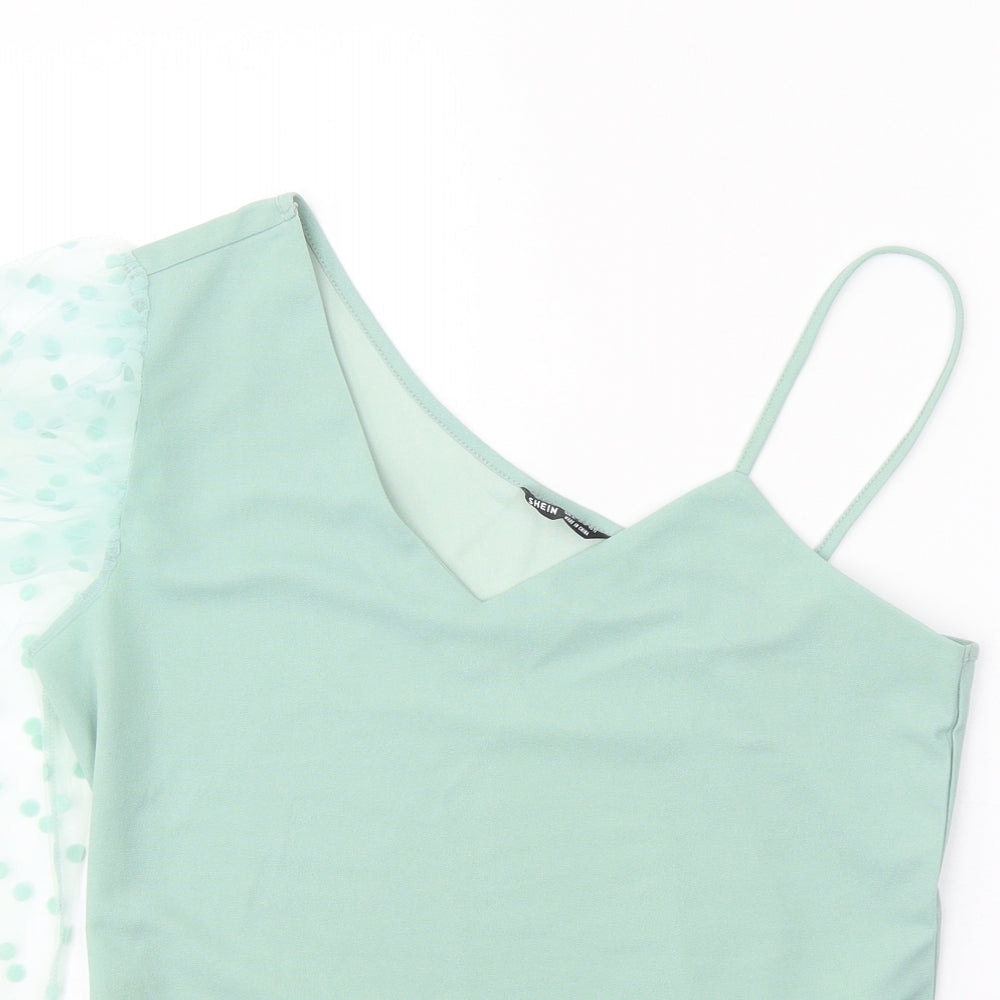 SheIn Womens Green Polka Dot Polyester Cropped Blouse Size XL One Shoulder - Mesh Sleeve