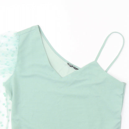 SheIn Womens Green Polka Dot Polyester Cropped Blouse Size XL One Shoulder - Mesh Sleeve