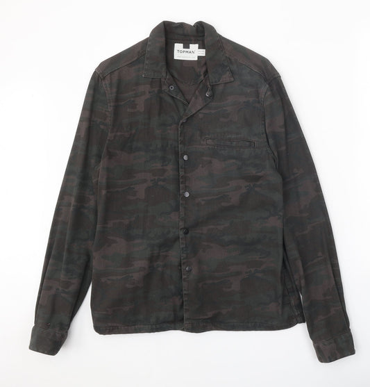 Topman Mens Brown Camouflage Cotton Button-Up Size XS Collared Snap