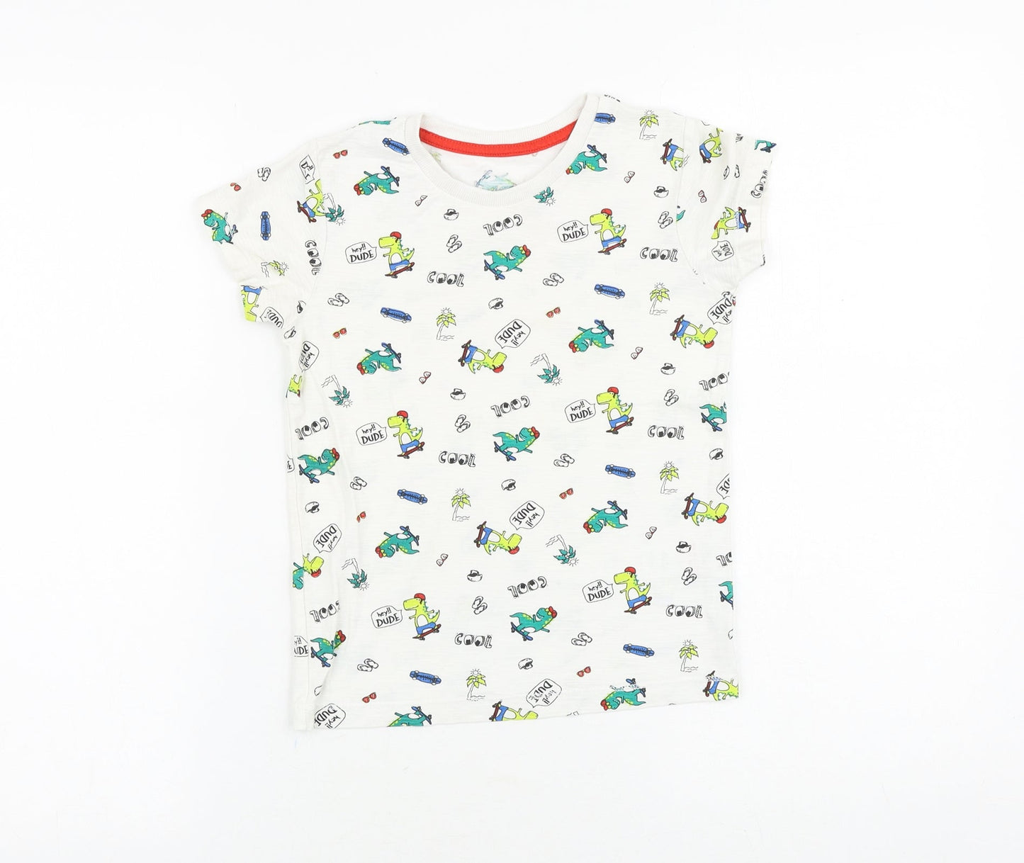 Matalan Boys White Geometric 100% Cotton Basic T-Shirt Size 5-6 Years Round Neck Pullover - Dinosaur