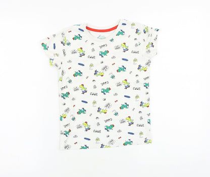 Matalan Boys White Geometric 100% Cotton Basic T-Shirt Size 5-6 Years Round Neck Pullover - Dinosaur