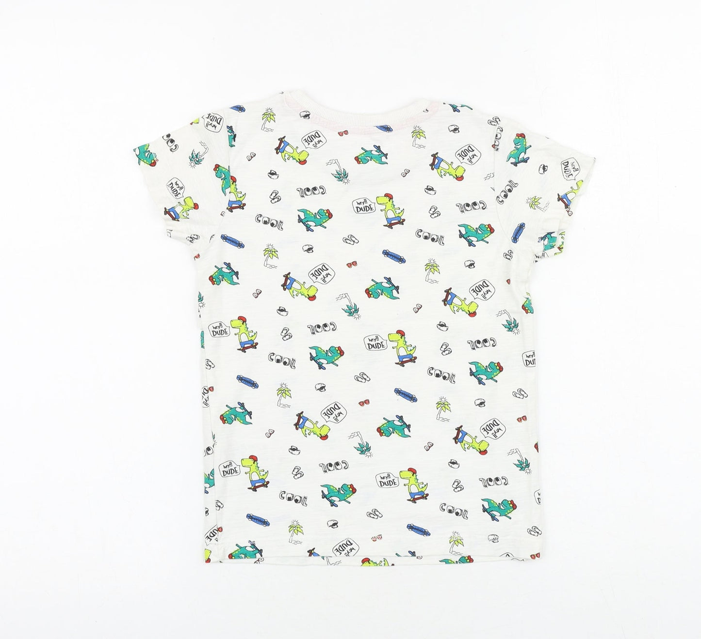 Matalan Boys White Geometric 100% Cotton Basic T-Shirt Size 5-6 Years Round Neck Pullover - Dinosaur