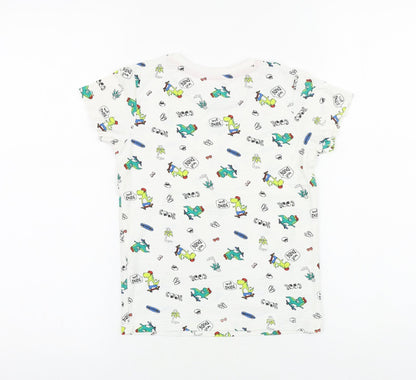 Matalan Boys White Geometric 100% Cotton Basic T-Shirt Size 5-6 Years Round Neck Pullover - Dinosaur