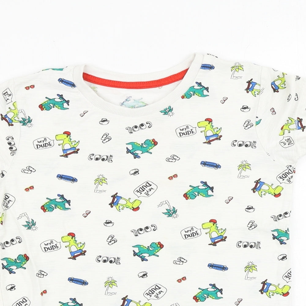 Matalan Boys White Geometric 100% Cotton Basic T-Shirt Size 5-6 Years Round Neck Pullover - Dinosaur