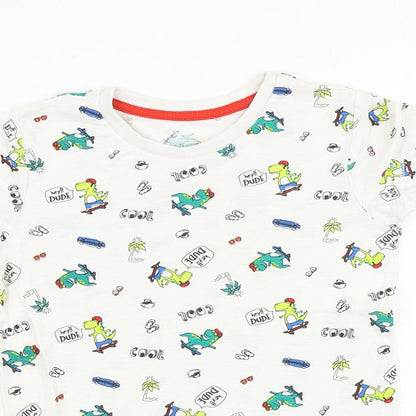 Matalan Boys White Geometric 100% Cotton Basic T-Shirt Size 5-6 Years Round Neck Pullover - Dinosaur