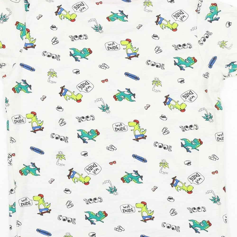 Matalan Boys White Geometric 100% Cotton Basic T-Shirt Size 5-6 Years Round Neck Pullover - Dinosaur