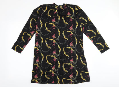 PEP&CO Womens Black Geometric Polyester A-Line Size 10 Round Neck Button