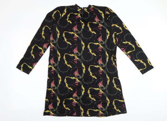 PEP&CO Womens Black Geometric Polyester A-Line Size 10 Round Neck Button