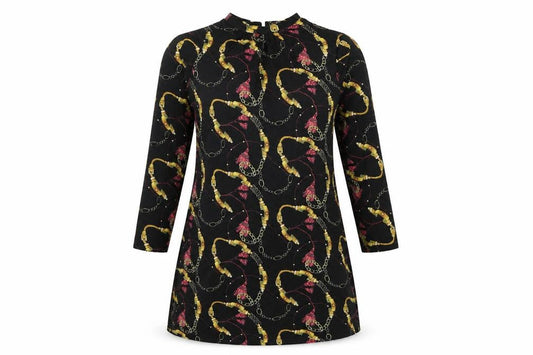 PEP&CO Womens Black Geometric Polyester A-Line Size 10 Round Neck Button