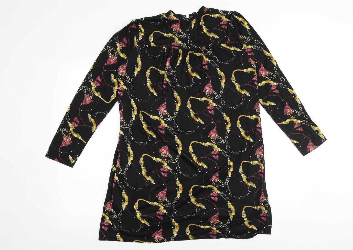 PEP&CO Womens Black Geometric Polyester A-Line Size 10 Round Neck Button