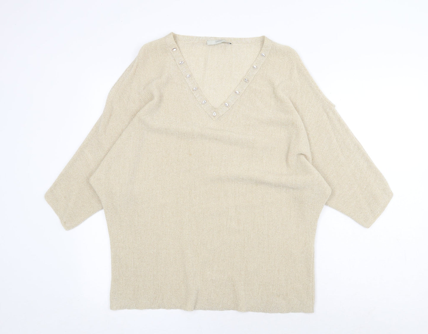 George Womens Gold V-Neck Acrylic Pullover Jumper Size L - Split Sleeve