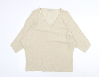 George Womens Gold V-Neck Acrylic Pullover Jumper Size L - Split Sleeve