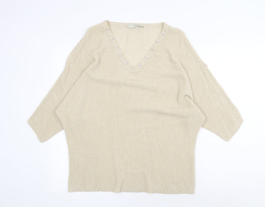George Womens Gold V-Neck Acrylic Pullover Jumper Size L - Split Sleeve