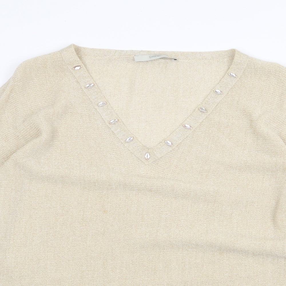 George Womens Gold V-Neck Acrylic Pullover Jumper Size L - Split Sleeve