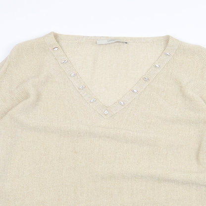 George Womens Gold V-Neck Acrylic Pullover Jumper Size L - Split Sleeve