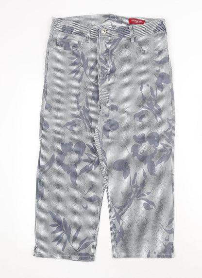 Stooker Womens Blue Striped Cotton Trousers Size 34 in Regular Zip - Flower Pattern