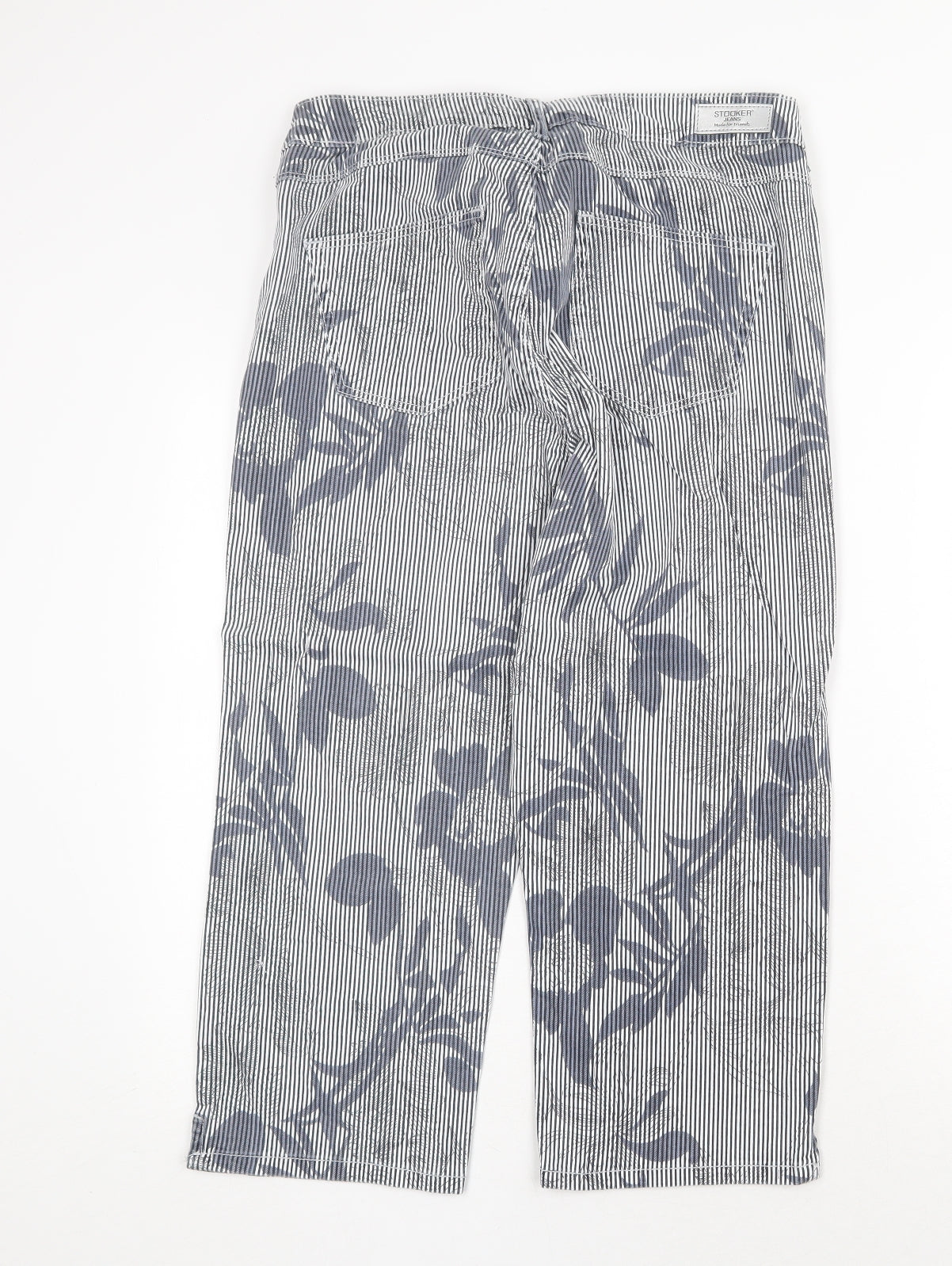 Stooker Womens Blue Striped Cotton Trousers Size 34 in Regular Zip - Flower Pattern