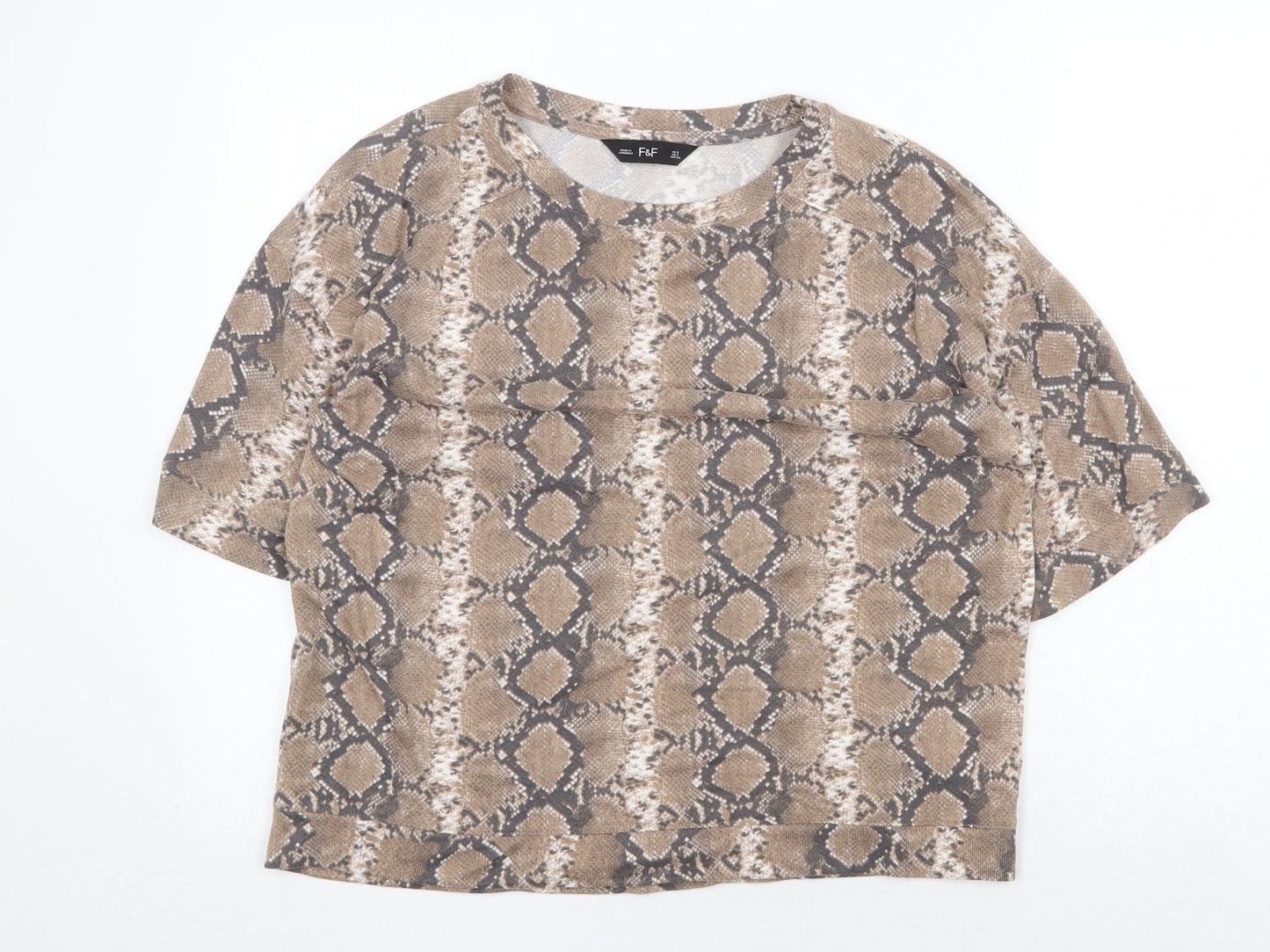 F&F Womens Brown Animal Print Polyester Basic T-Shirt Size 8 Scoop Neck - Snake Skin Print