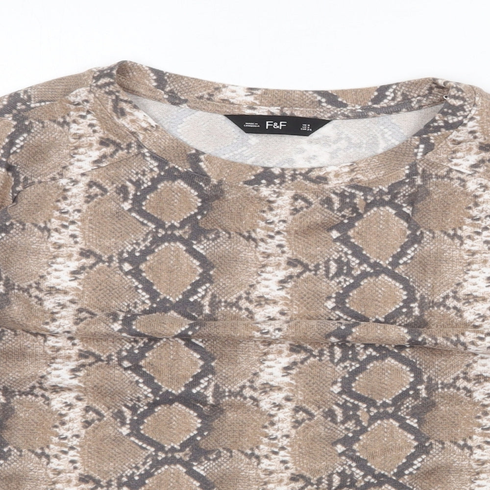 F&F Womens Brown Animal Print Polyester Basic T-Shirt Size 8 Scoop Neck - Snake Skin Print