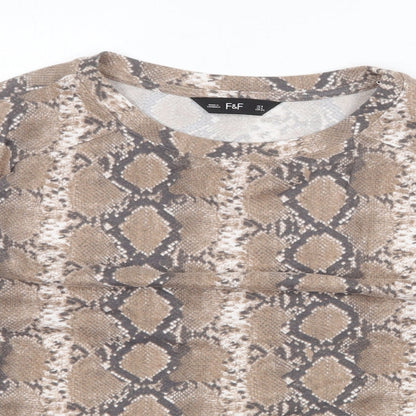 F&F Womens Brown Animal Print Polyester Basic T-Shirt Size 8 Scoop Neck - Snake Skin Print