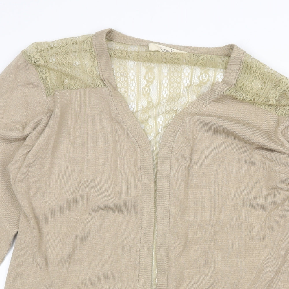 Chen Ke Womens Beige V-Neck Cotton Cardigan Jumper Size XL