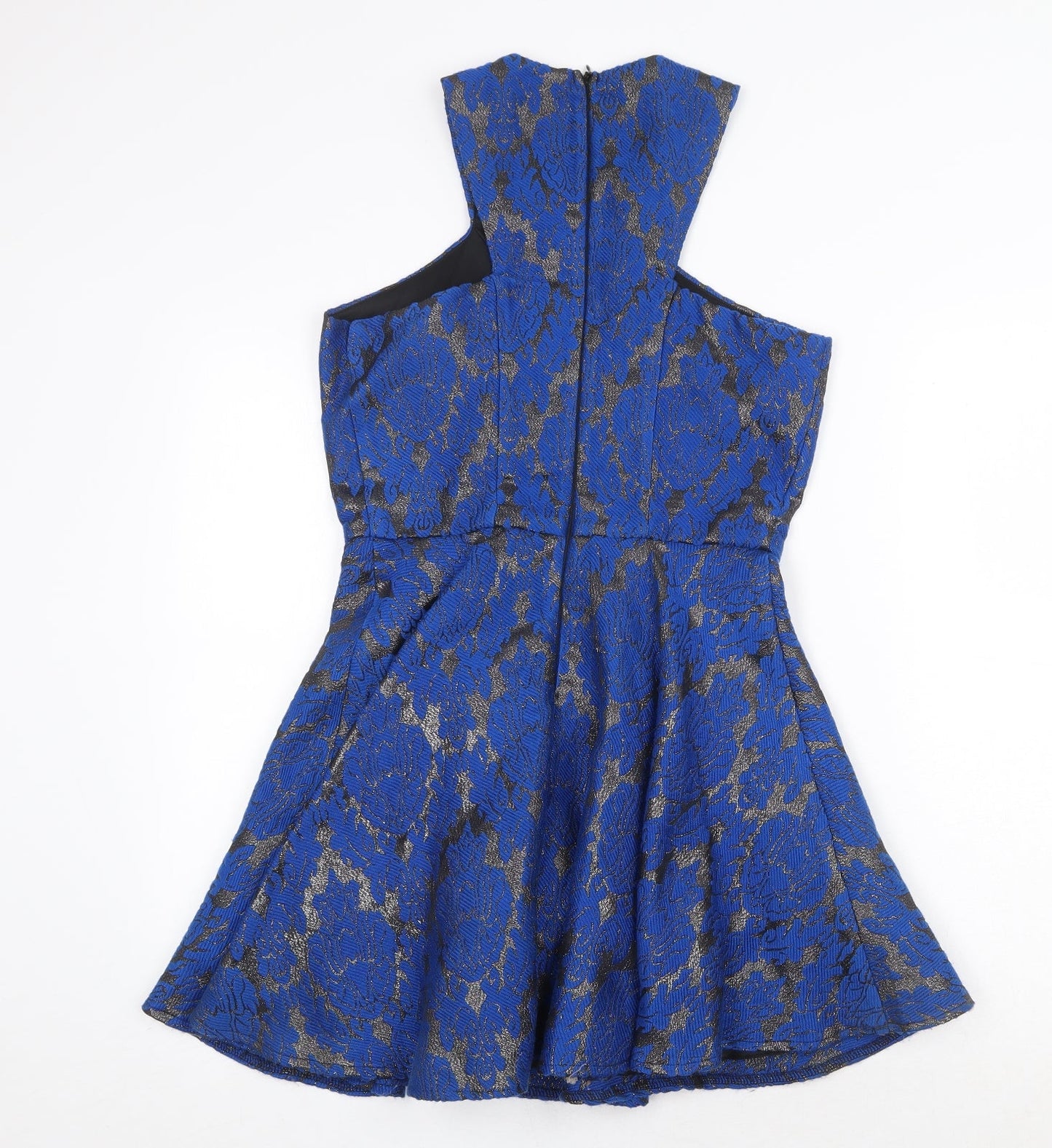 AX Paris Womens Blue Geometric Wool Skater Dress Size 8 Round Neck Zip