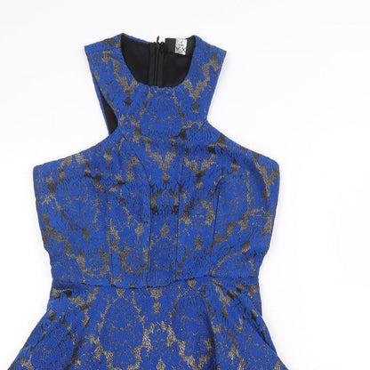 AX Paris Womens Blue Geometric Wool Skater Dress Size 8 Round Neck Zip