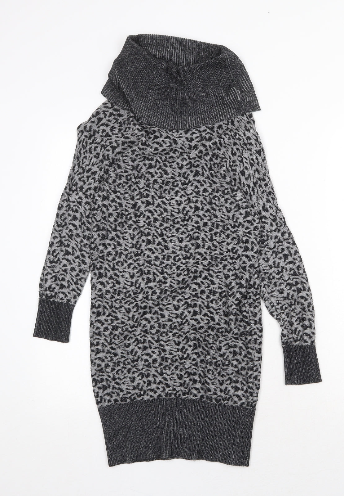 Oasis Womens Grey Animal Print Viscose Jumper Dress Size XS Roll Neck Pullover - Leopard Pattern