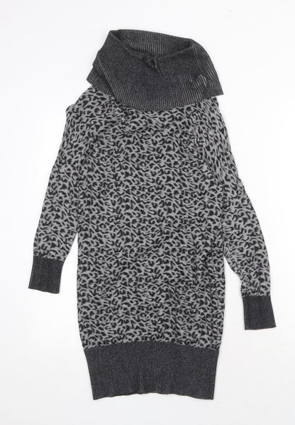 Oasis Womens Grey Animal Print Viscose Jumper Dress Size XS Roll Neck Pullover - Leopard Pattern