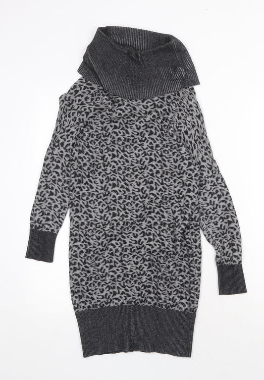Oasis Womens Grey Animal Print Viscose Jumper Dress Size XS Roll Neck Pullover - Leopard Pattern