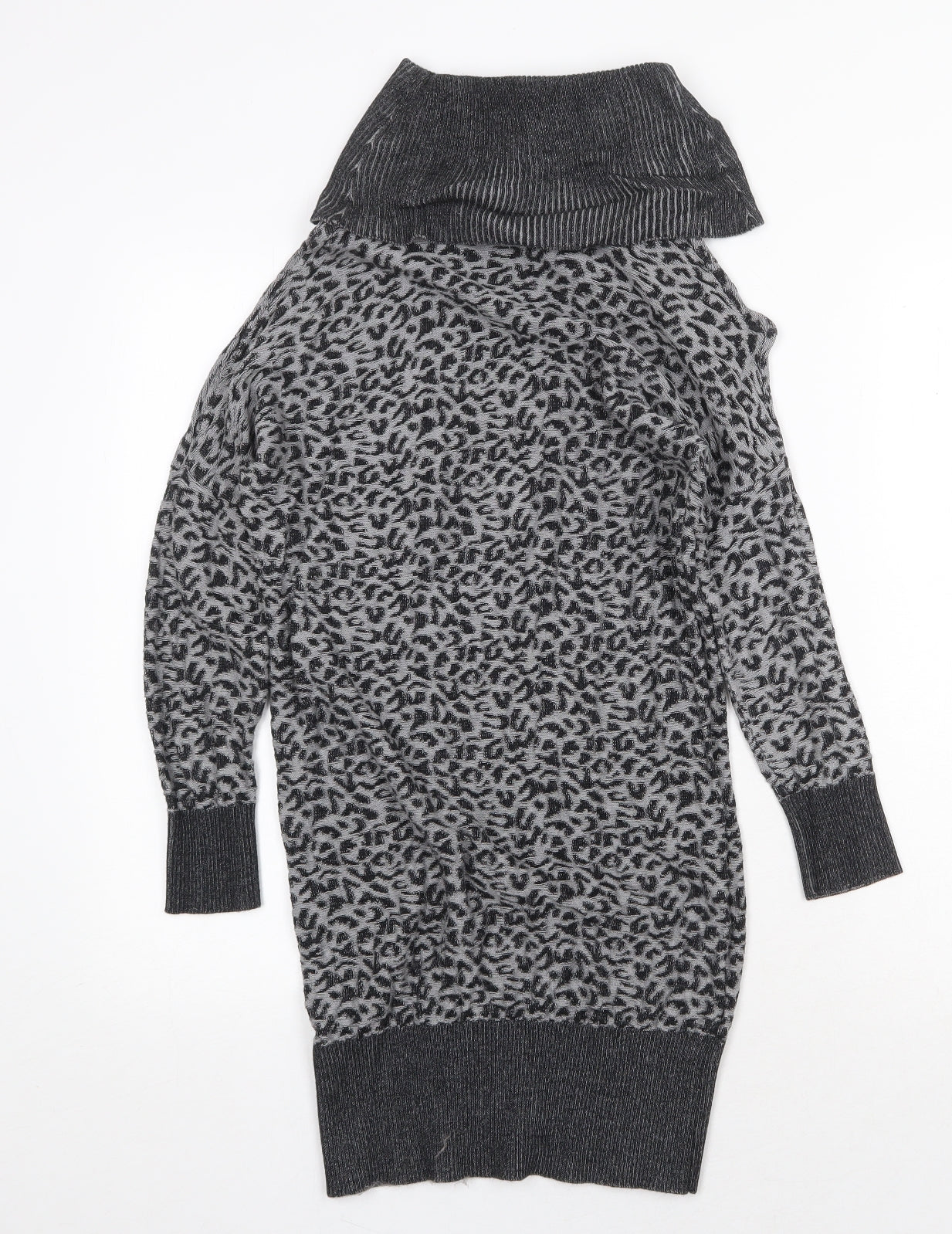 Oasis Womens Grey Animal Print Viscose Jumper Dress Size XS Roll Neck Pullover - Leopard Pattern