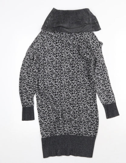 Oasis Womens Grey Animal Print Viscose Jumper Dress Size XS Roll Neck Pullover - Leopard Pattern