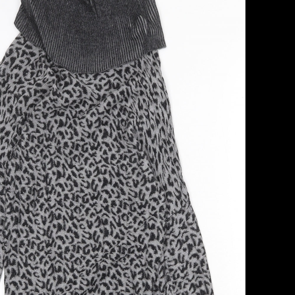 Oasis Womens Grey Animal Print Viscose Jumper Dress Size XS Roll Neck Pullover - Leopard Pattern