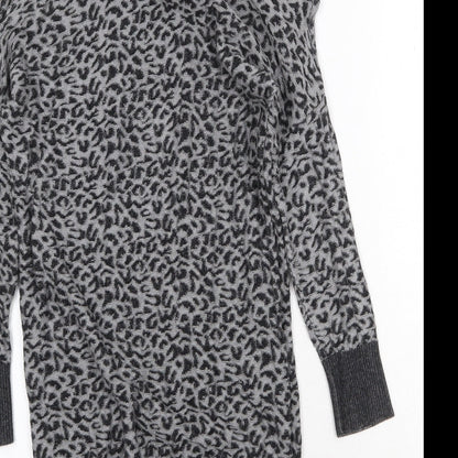 Oasis Womens Grey Animal Print Viscose Jumper Dress Size XS Roll Neck Pullover - Leopard Pattern