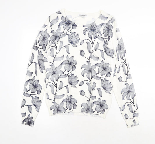 Annabelle Womens White Scoop Neck Floral Viscose Pullover Jumper Size S