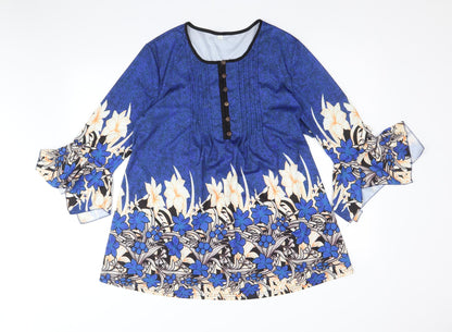 Preworn Womens Blue Floral Polyester A-Line Size L Round Neck Button