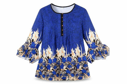 Preworn Womens Blue Floral Polyester A-Line Size L Round Neck Button