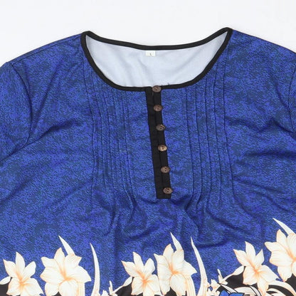 Preworn Womens Blue Floral Polyester A-Line Size L Round Neck Button