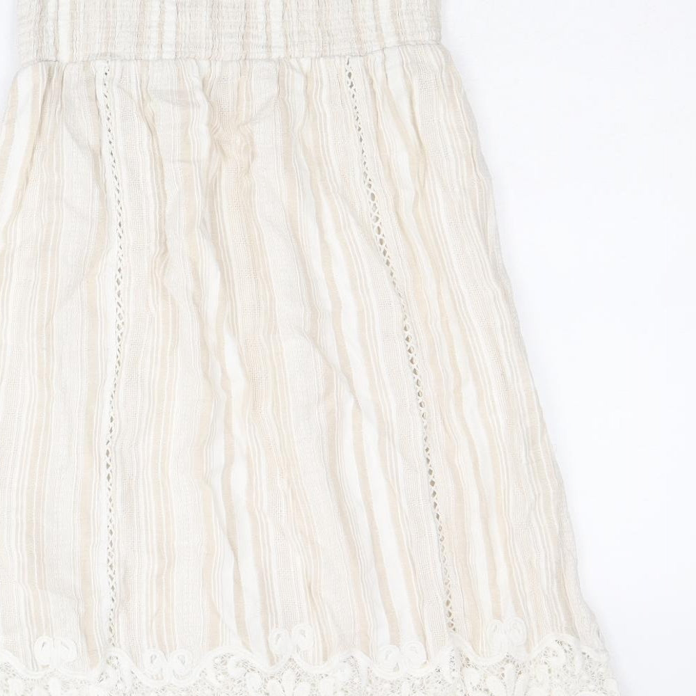 NEXT Womens Beige Striped 100% Cotton Fit & Flare Size 12 Square Neck Pullover