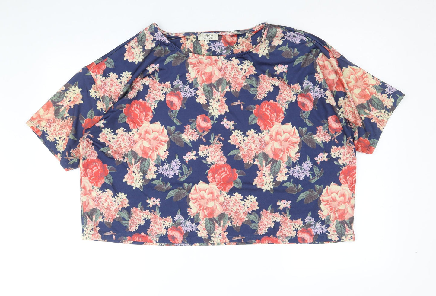 Papaya Womens Blue Floral Polyester Basic T-Shirt Size 14 Scoop Neck